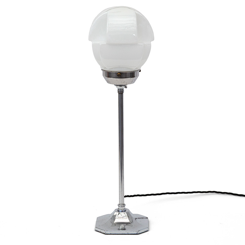 Art Deco Chromium Plated Cast Brass Table Lamp with Opal Angular Glass Shade