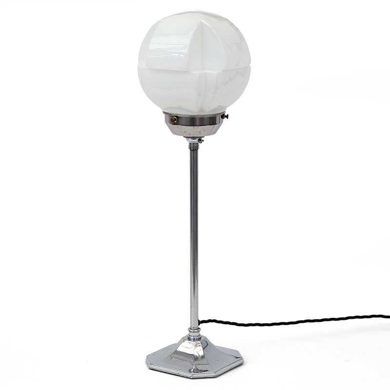 Art Deco Chromium Plated Cast Brass Table Lamp with Opal Angular Glass Shade