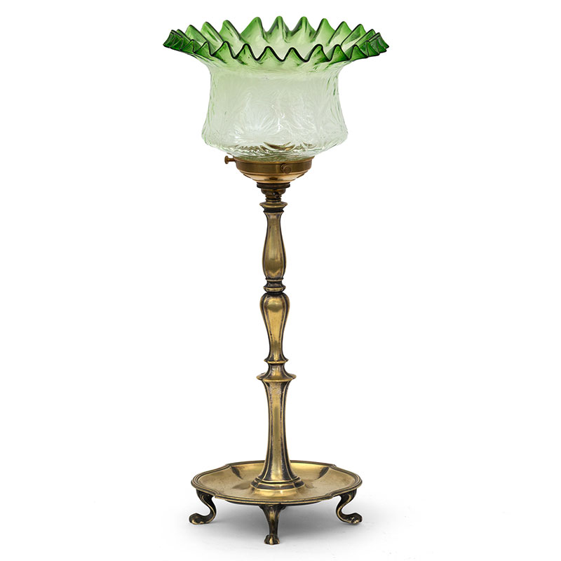 Edwardian Cast Brass Table Lamp with Clear and Green Glass Shade
