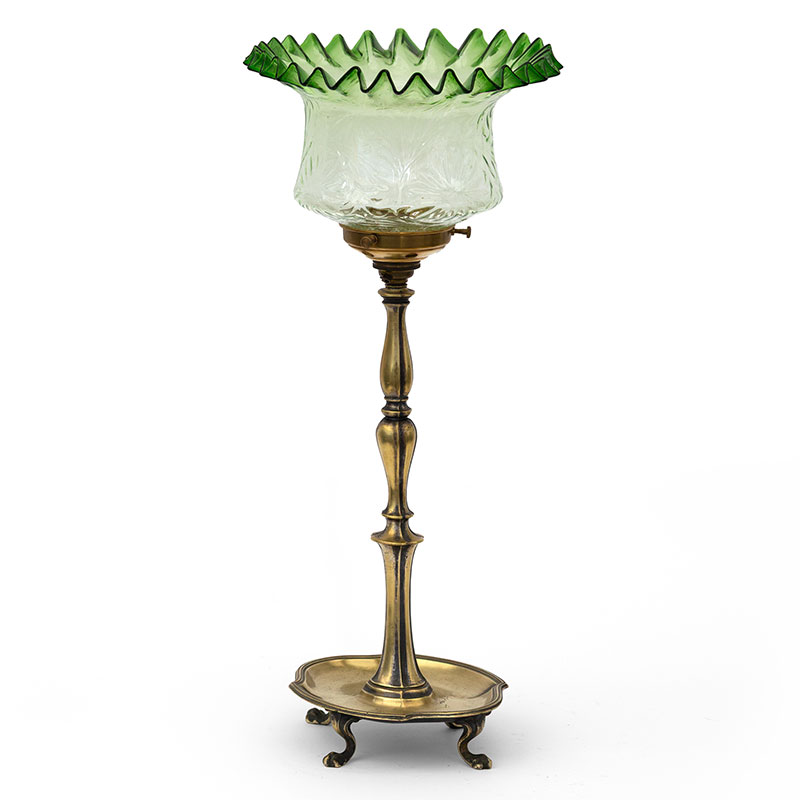 Edwardian Cast Brass Table Lamp with Clear and Green Glass Shade