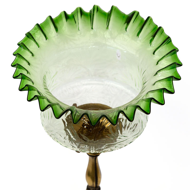 Edwardian Cast Brass Table Lamp with Clear and Green Glass Shade