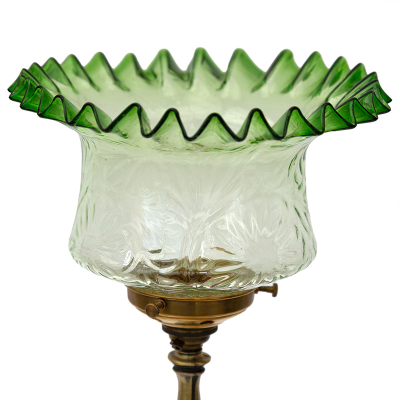 Edwardian Cast Brass Table Lamp with Clear and Green Glass Shade