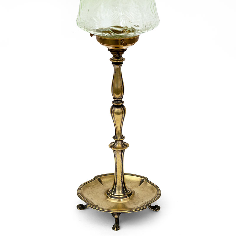 Edwardian Cast Brass Table Lamp with Clear and Green Glass Shade