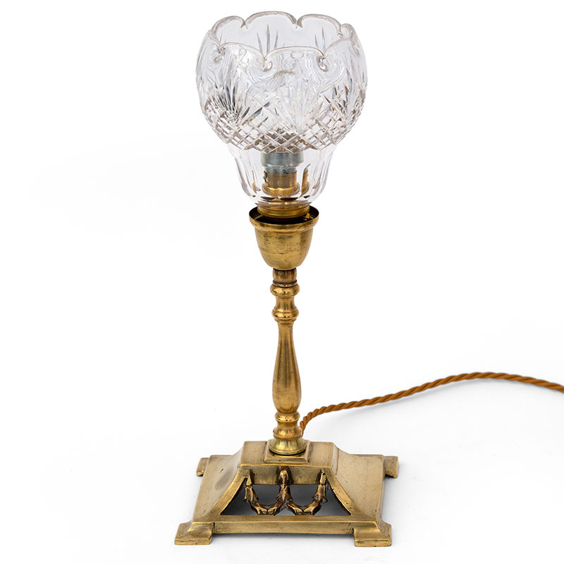 Edwardian Brass Table Lamp on a Rectangular Open Work Base with a Fluted Cut Crystal Shade