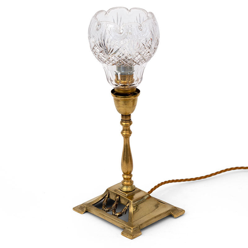 Edwardian Brass Table Lamp on a Rectangular Open Work Base with a Fluted Cut Crystal Shade
