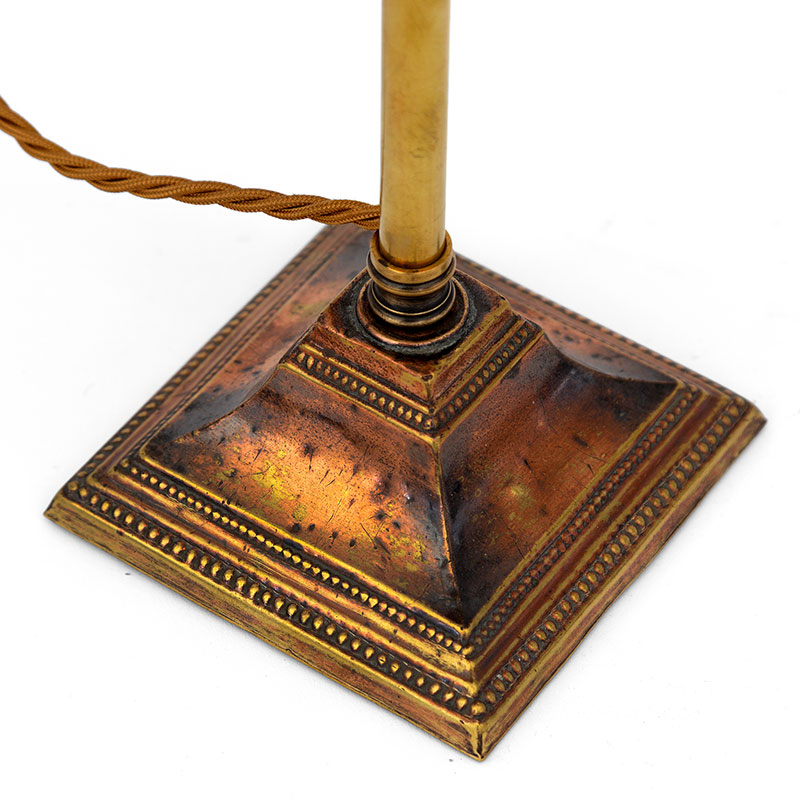 Art Deco Patinated Brass Table Lamp with Glass Shade Decorated with Hand Painted Rural Scenes