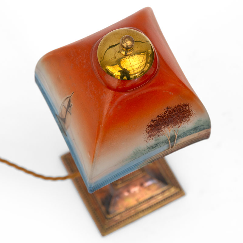 Art Deco Patinated Brass Table Lamp with Glass Shade Decorated with Hand Painted Rural Scenes