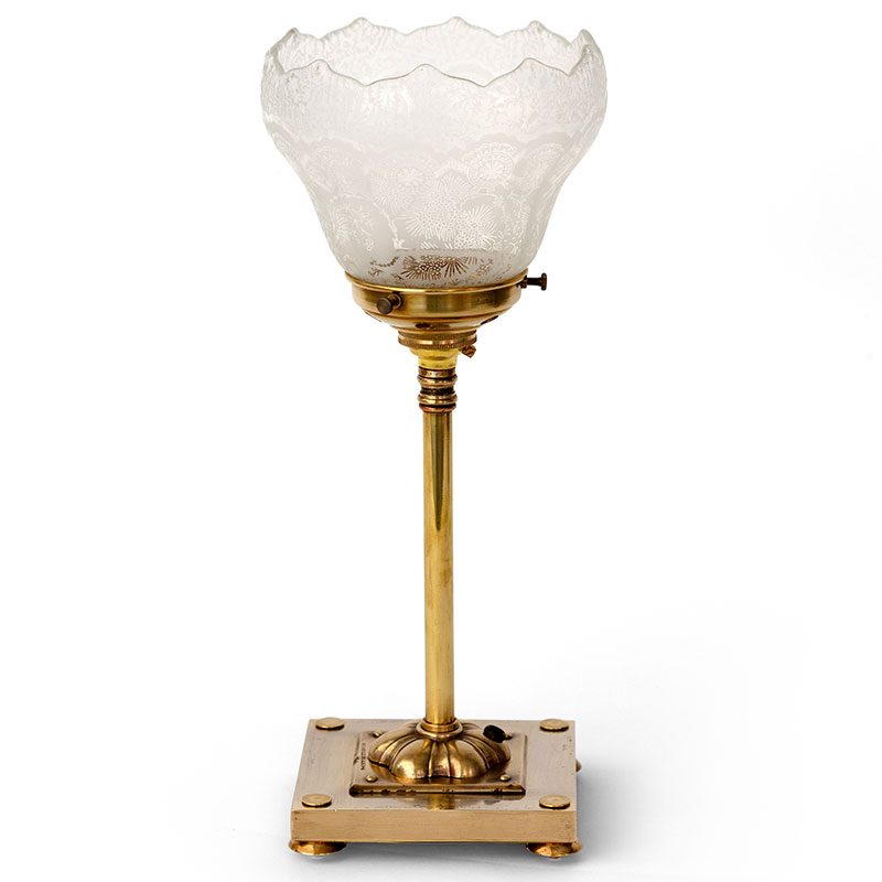Edwardian Cast Brass Table Lamp with Fluted Frosted Finely Etched Glass Shade