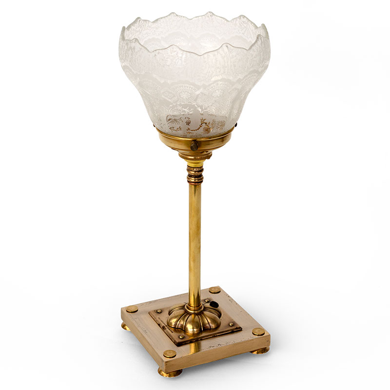 Edwardian Cast Brass Table Lamp with Fluted Frosted Finely Etched Glass Shade