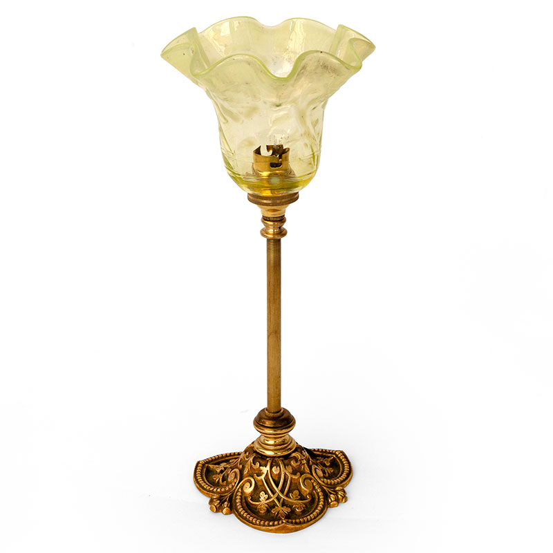 Art Nouveau Brass Table Lamp with Fluted Floral Green Vaseline Glass Shade