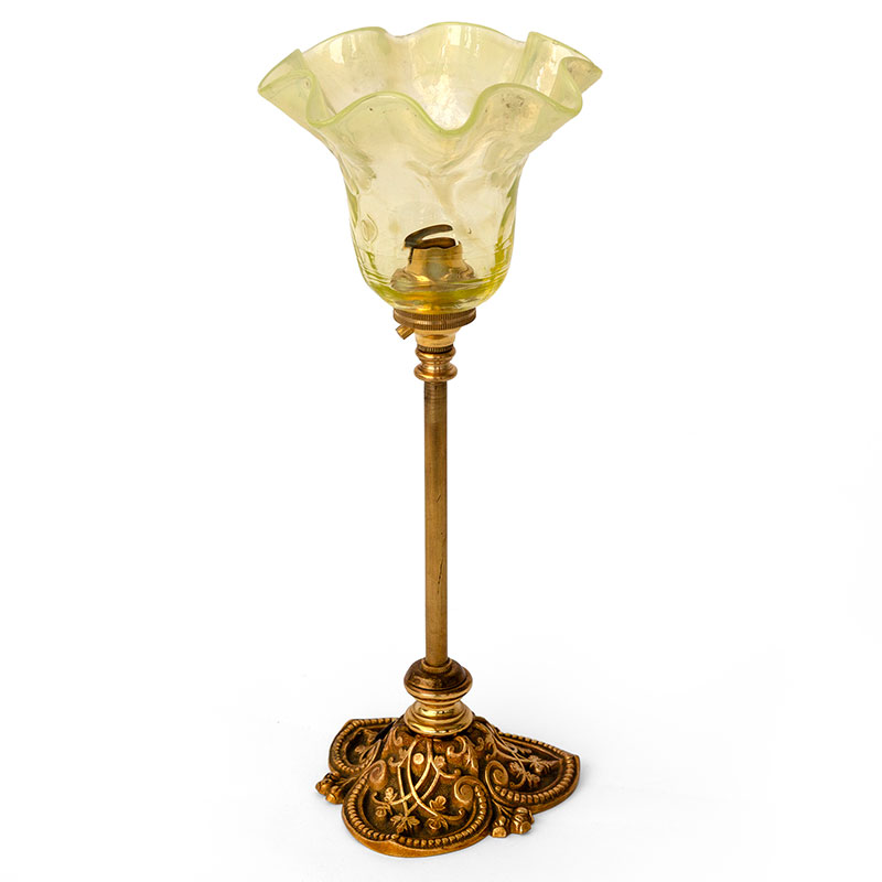Art Nouveau Brass Table Lamp with Fluted Floral Green Vaseline Glass Shade