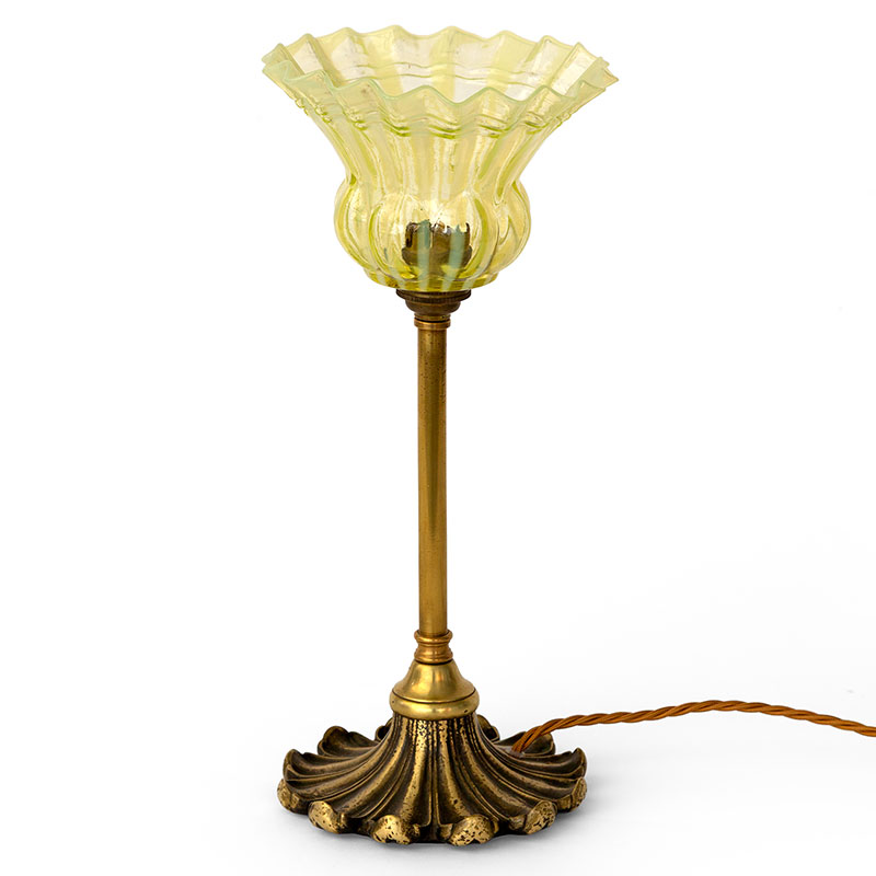 Art Nouveau Cast Brass Table Lamp with Striped and Fluted Green Vaseline Glass Shade