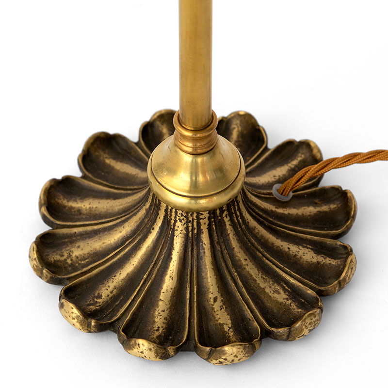 Art Nouveau Cast Brass Table Lamp with Striped and Fluted Green Vaseline Glass Shade