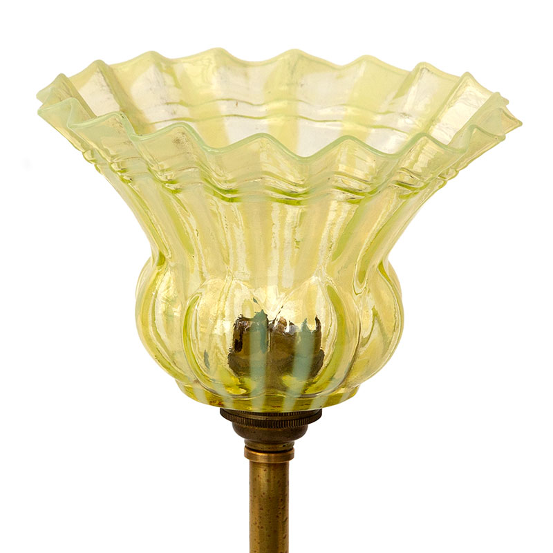 Art Nouveau Cast Brass Table Lamp with Striped and Fluted Green Vaseline Glass Shade