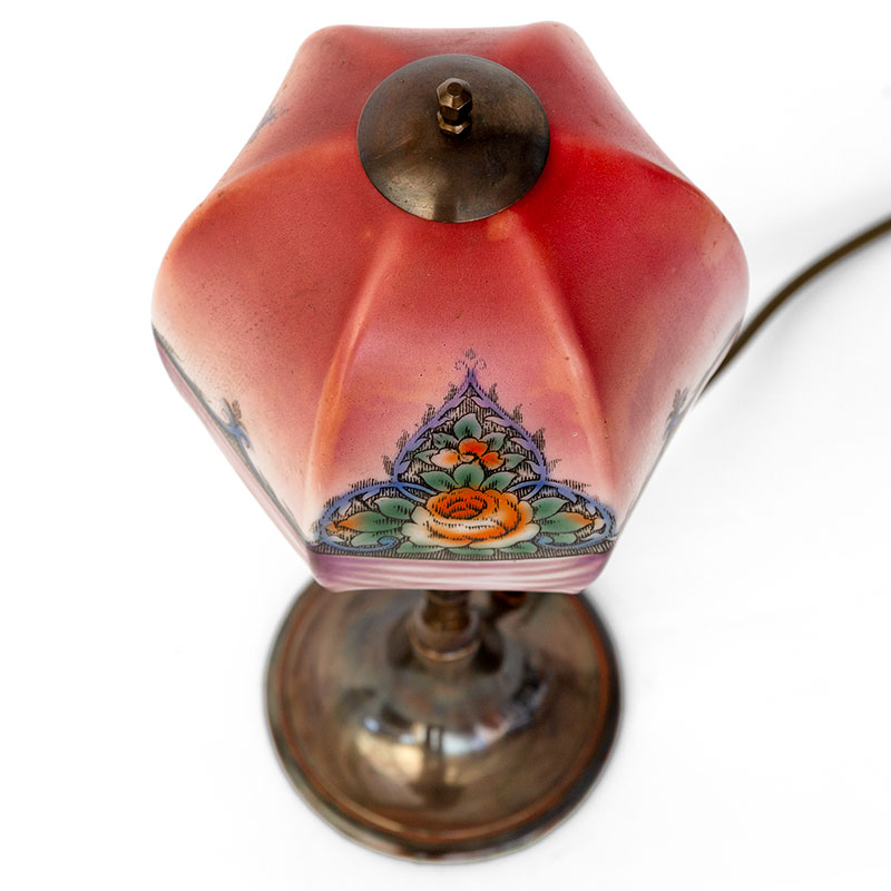 Art Deco Patinated Cast Brass Table Lamp with Hexagonal Glass Shade