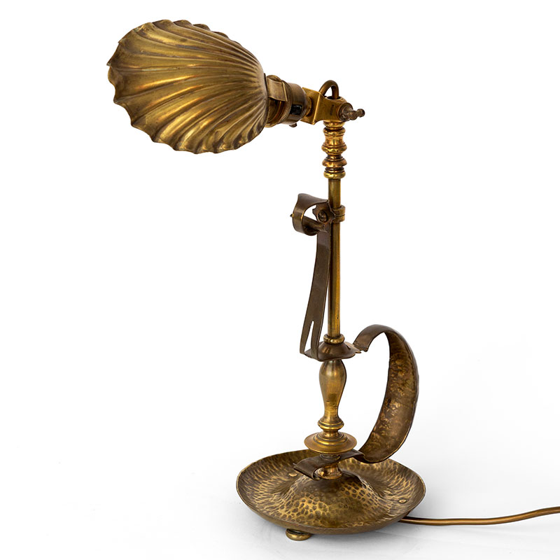 W.A.S. Benson Adjustable Brass Table Lamp with Clam Shell Shade