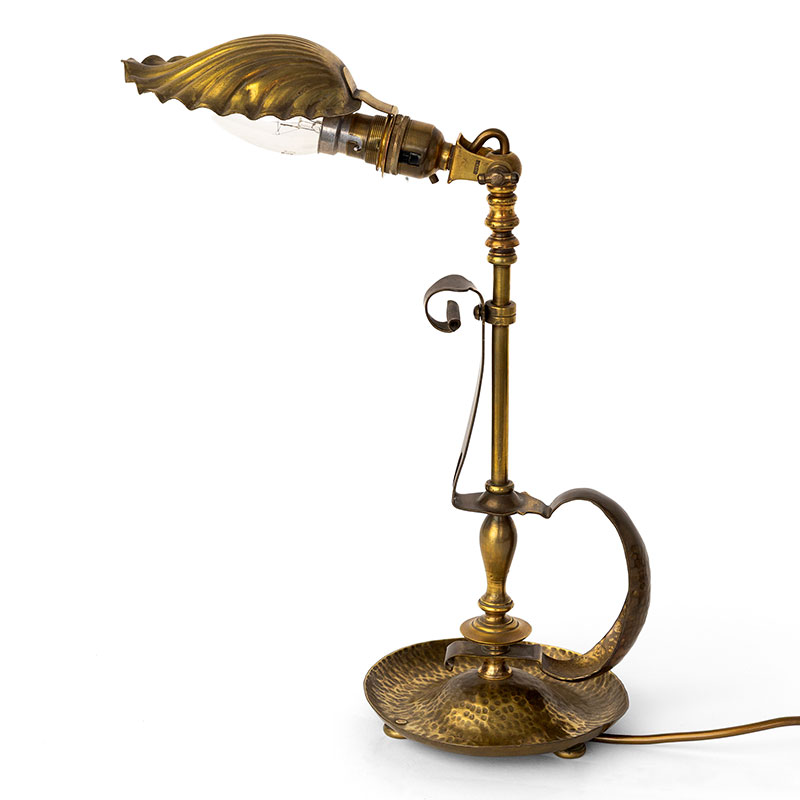 W.A.S. Benson Adjustable Brass Table Lamp with Clam Shell Shade