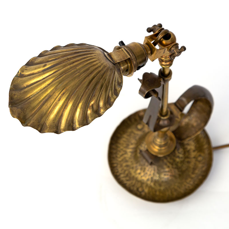 W.A.S. Benson Adjustable Brass Table Lamp with Clam Shell Shade