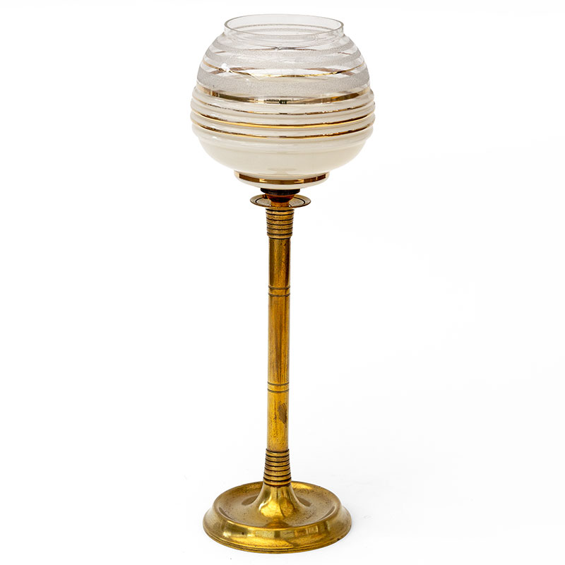 Art Deco Brass Table Lamp with Horizontal Parallel Striped Glass Shade
