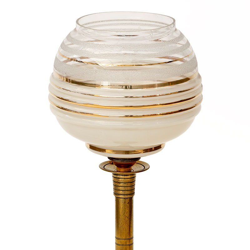 Art Deco Brass Table Lamp with Horizontal Parallel Striped Glass Shade