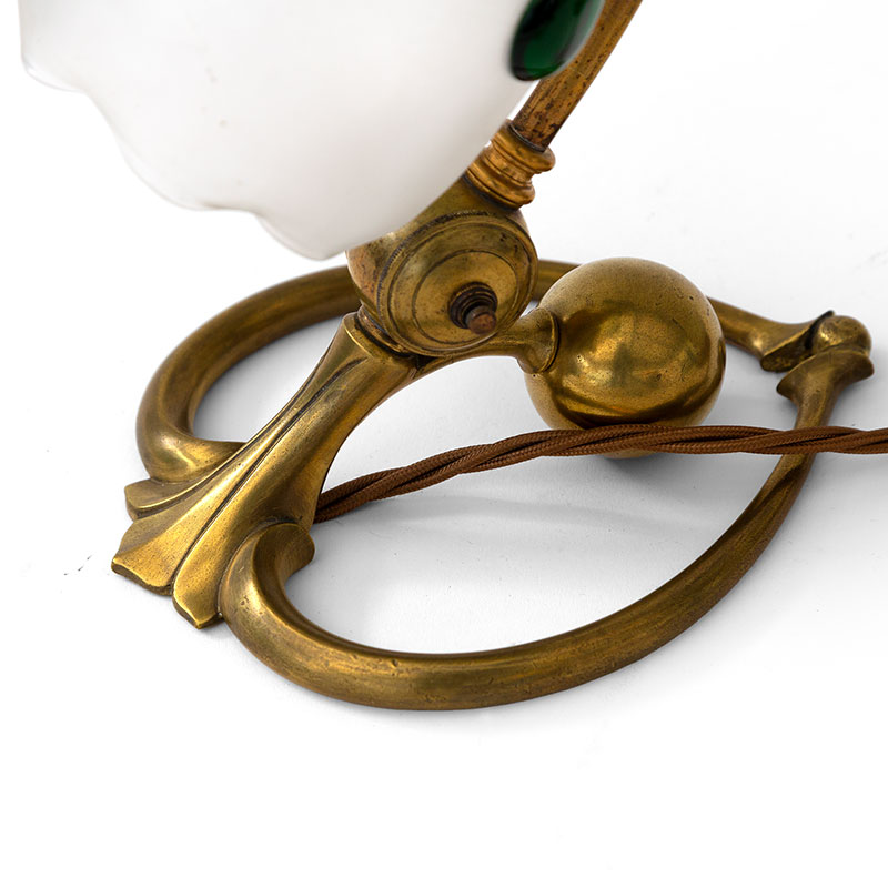 Art Nouveau Benson Table Lamp in Cast Brass with Fluted Bell Shaped Glass Shade