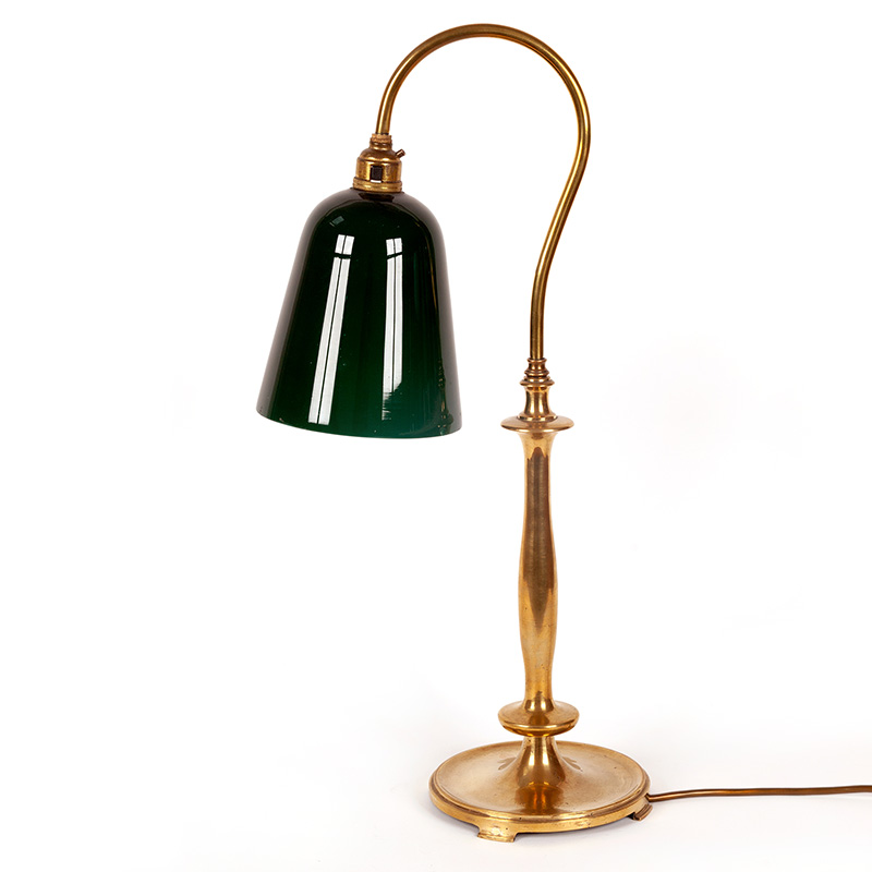 Edwardian Table Lamp with Curved Brass Arm Supporting Green Opal Shade