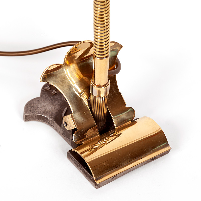 Art Deco Brass and Chrome Desk Lamp with Clam Shell Shade Clamp Base and Adjustable Arm and Shade