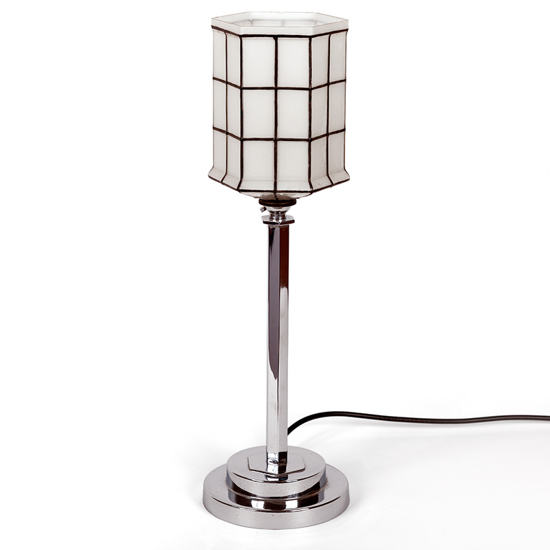 Art Deco Chromium Plated Table Lamp with Hand Painted Hexagonal Opal Glass Shade (c.1920)