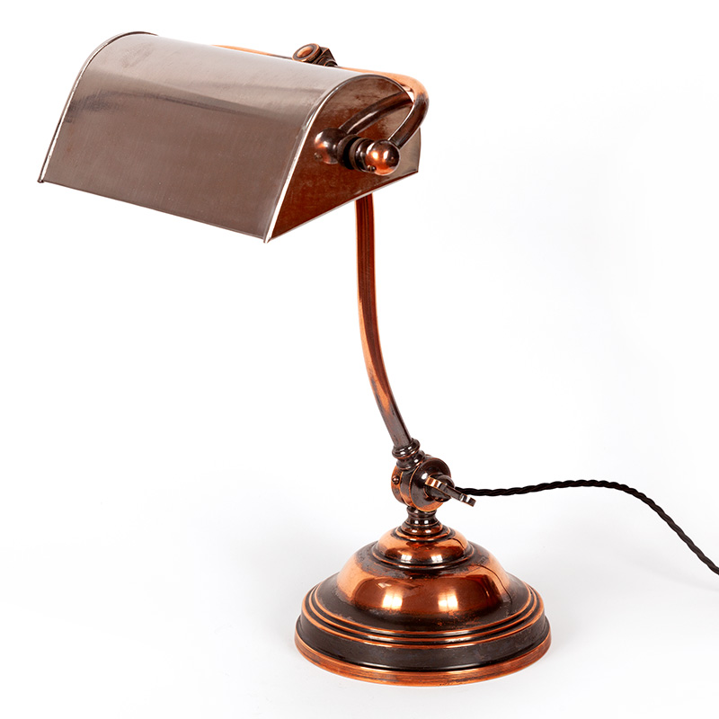 Art Deco copper oxidised adjustable desk lamp fitted with a trough-shaped metal shade (c.1925)