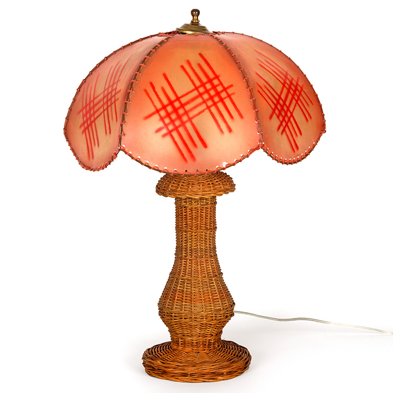 Art Deco Cane Table Lamp with Salmon Vellum Shade Decorated with Geometric Motifs