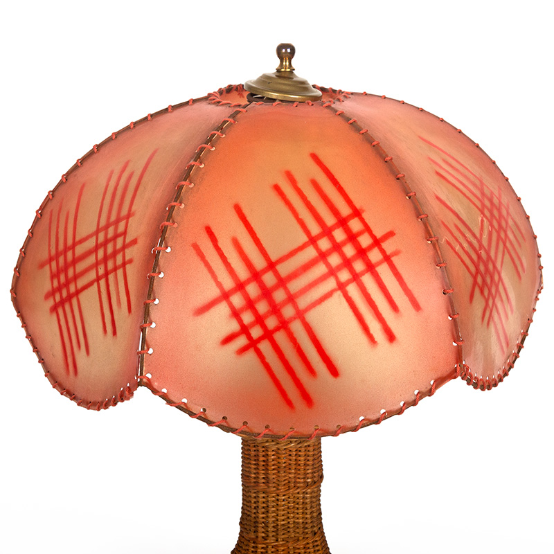Art Deco Cane Table Lamp with Salmon Vellum Shade Decorated with Geometric Motifs