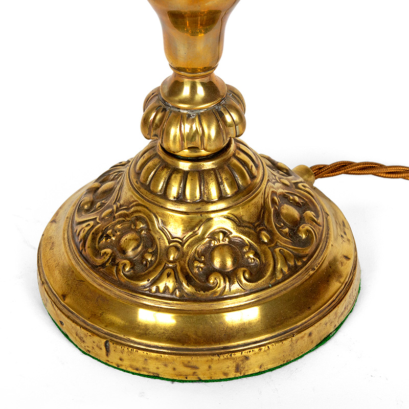 Victorian Cast Brass Table Lamp Holding an Orange Fluted and Etched Glass Shade