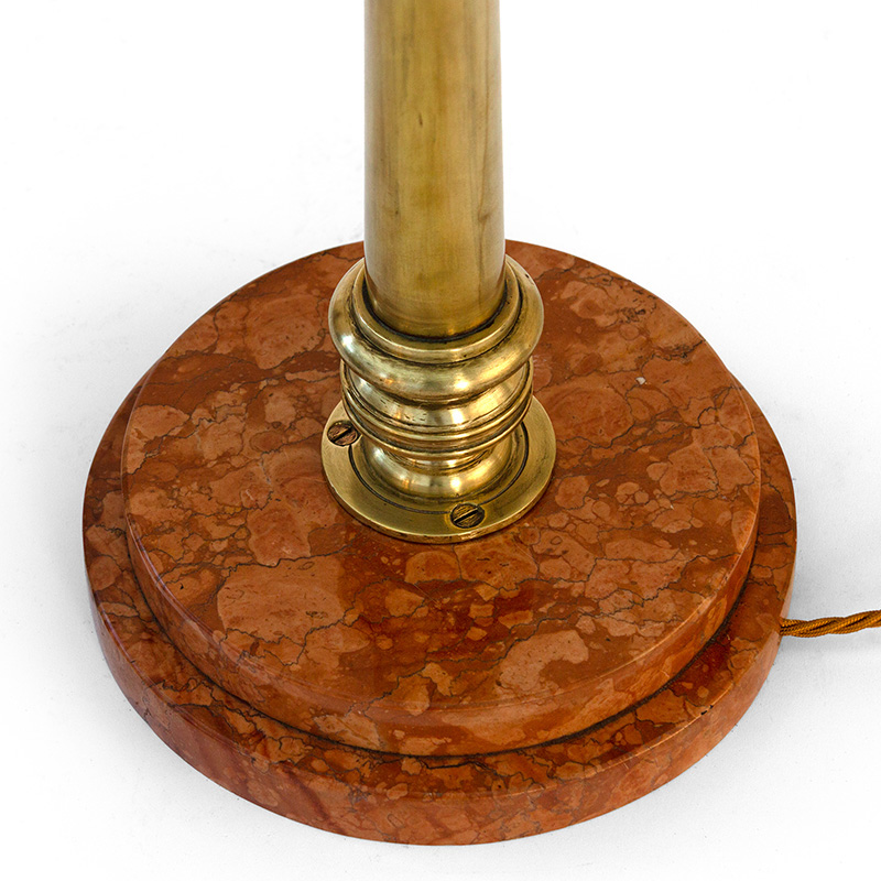 Pair of Converted Gas Table lamps Rare Large Tapering Brass Columns Holding Orange Finely Etched Glass Shades