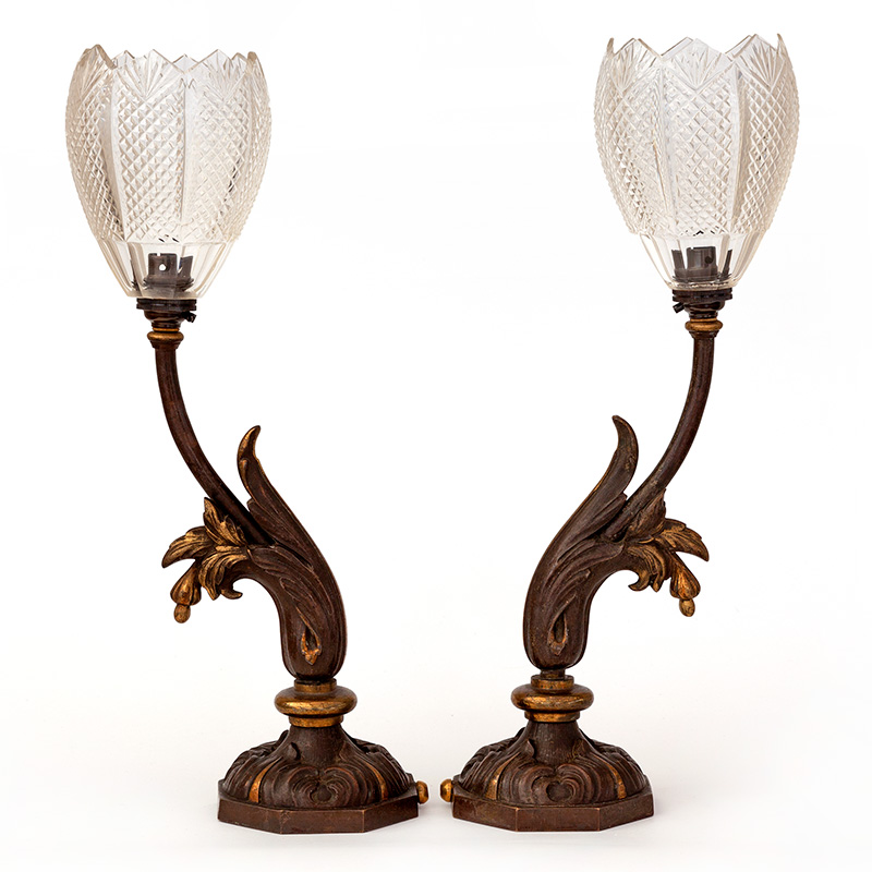 Pair of Decorative Victorian Table Lamps with Cut Crystal Shades