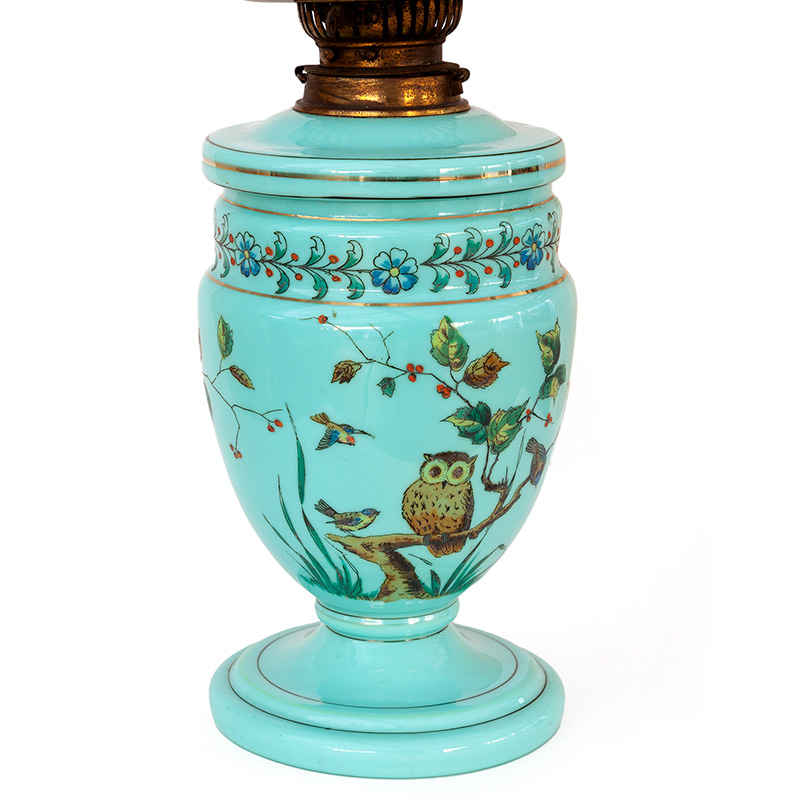 Victorian Glass Oil Lamp Decorated with Owls, Birds and Trees