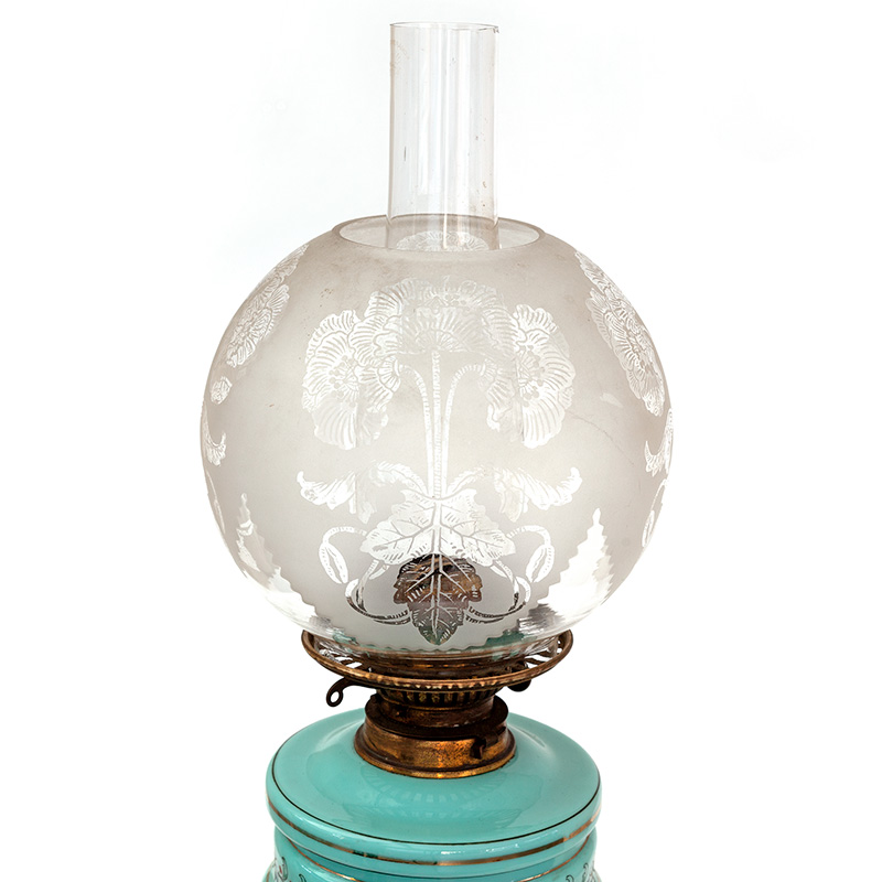 Victorian Glass Oil Lamp Decorated with Owls, Birds and Trees