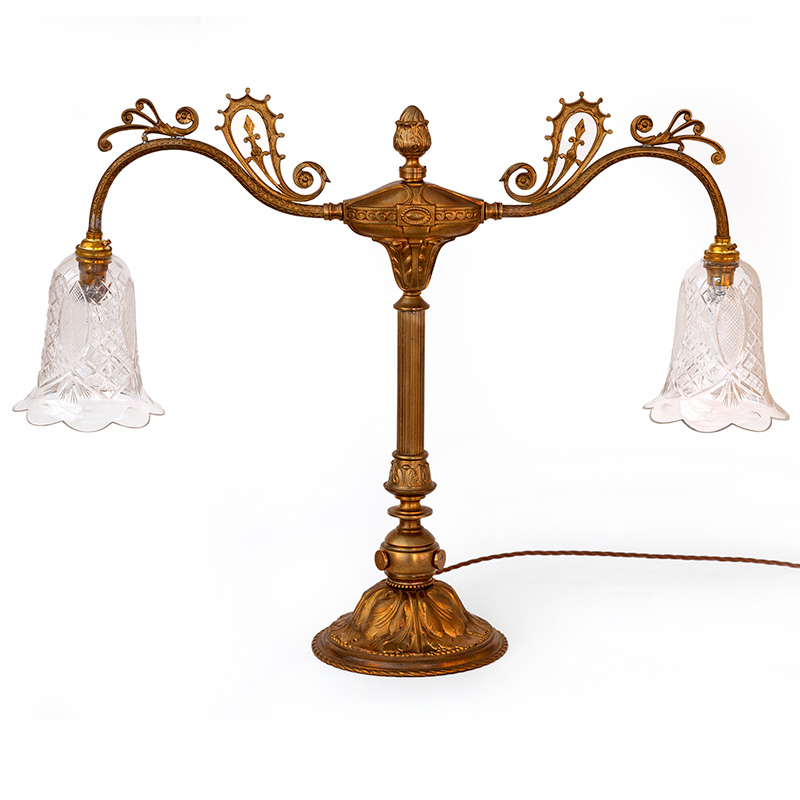 Edwardian Cast Brass Table Lamp with Two Arms Holding Cut Glass Shades