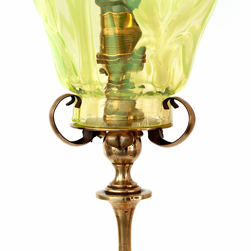 Cast Brass Art Nouveau Table Lamp with Floral Vaseline Glass Shade