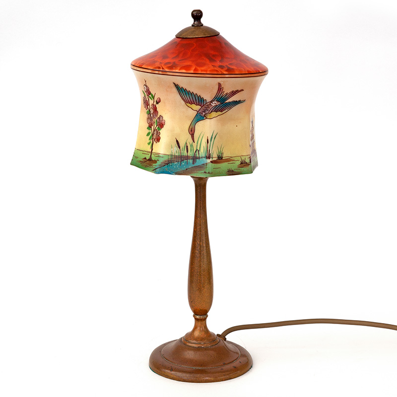 Art Deco Brass Table Lamp with Hexagonal Glass Shade Hand Painted with Birds and Pagodas