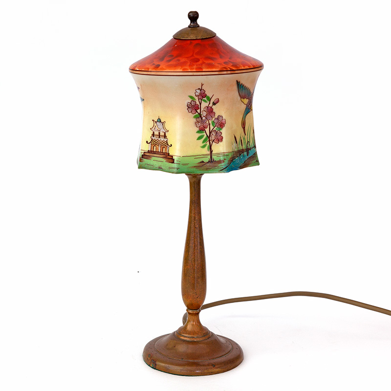 Art Deco Brass Table Lamp with Hexagonal Glass Shade Hand Painted with Birds and Pagodas