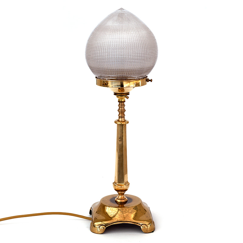 Art Deco Table Lamp with Tapered Brass Column and Holophane Glass Shade