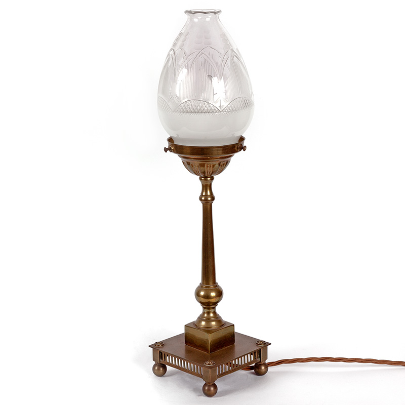 Edwardian Brass Table Lamp with Square Open Work Stepped Base