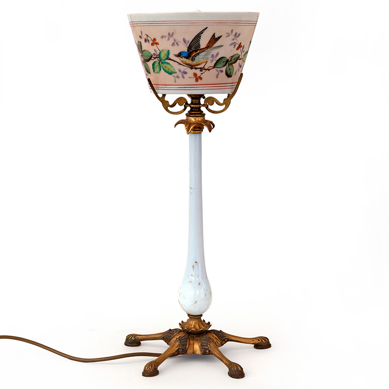 Victorian Table Lamp with Porcelain Column and Opal Shade Hand Painted with Birds and Floral Leafy Motifs