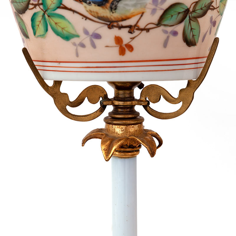 Victorian Table Lamp with Porcelain Column and Opal Shade Hand Painted with Birds and Floral Leafy Motifs