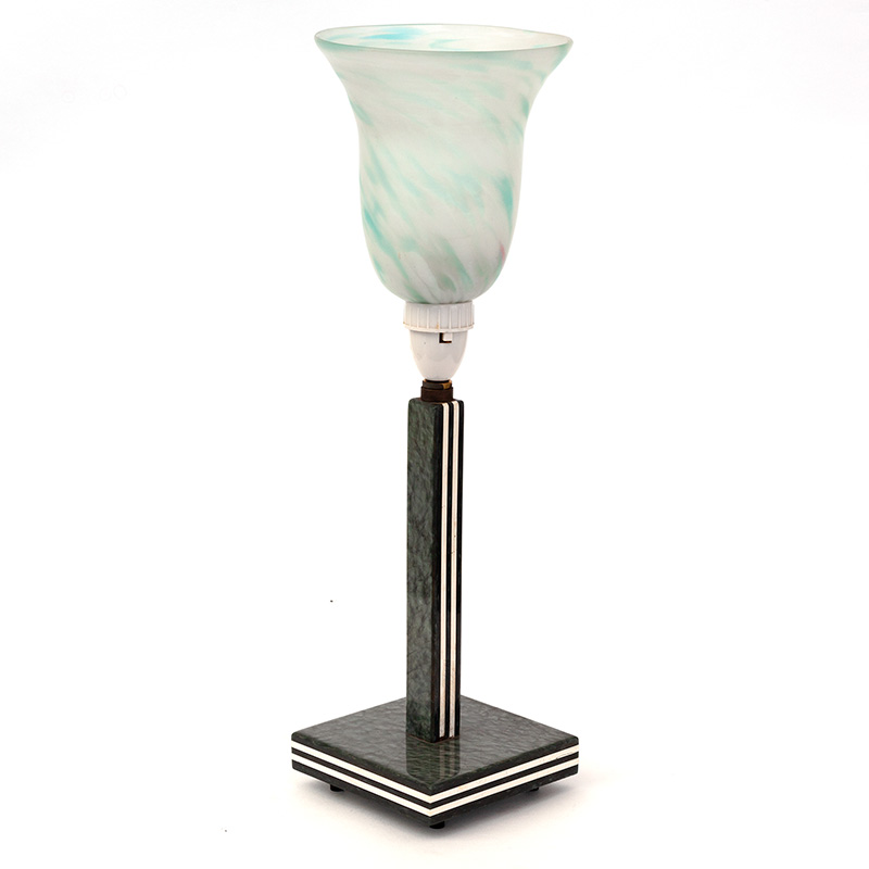 Art Deco Bakelite Table Lamp with Blue and White Striped Base Matching Column and Bell Shaped Glass Shade