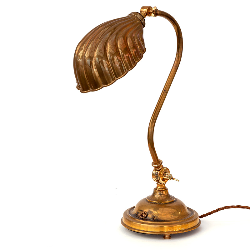 Brass Swan Necked Art Deco Desk Lamp with Clam Shell Brass Shade
