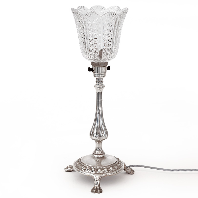 Edwardian Silver Plated Table Lamp with Prismatic Glass Shade