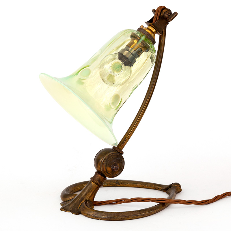 Benson Art Nouveau Adjustable Brass Table Lamp with Green Vaseline Glass Shade (c.1900)