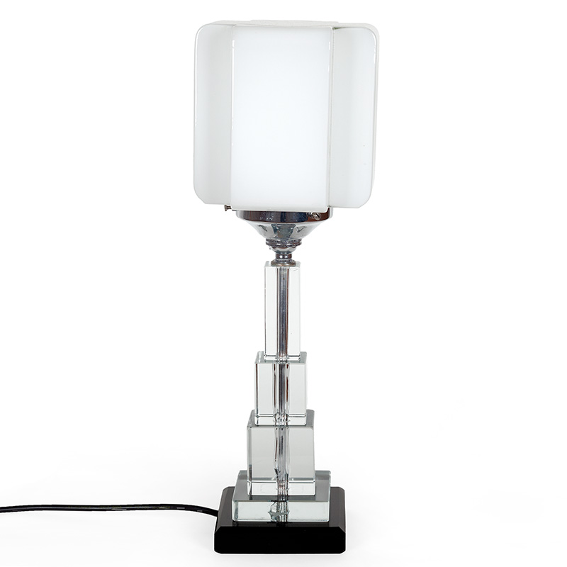 Art Deco Glass Table Lamp with Square Opal Glass Shade