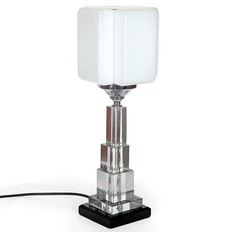 Art Deco Glass Table Lamp with Square Opal Glass Shade